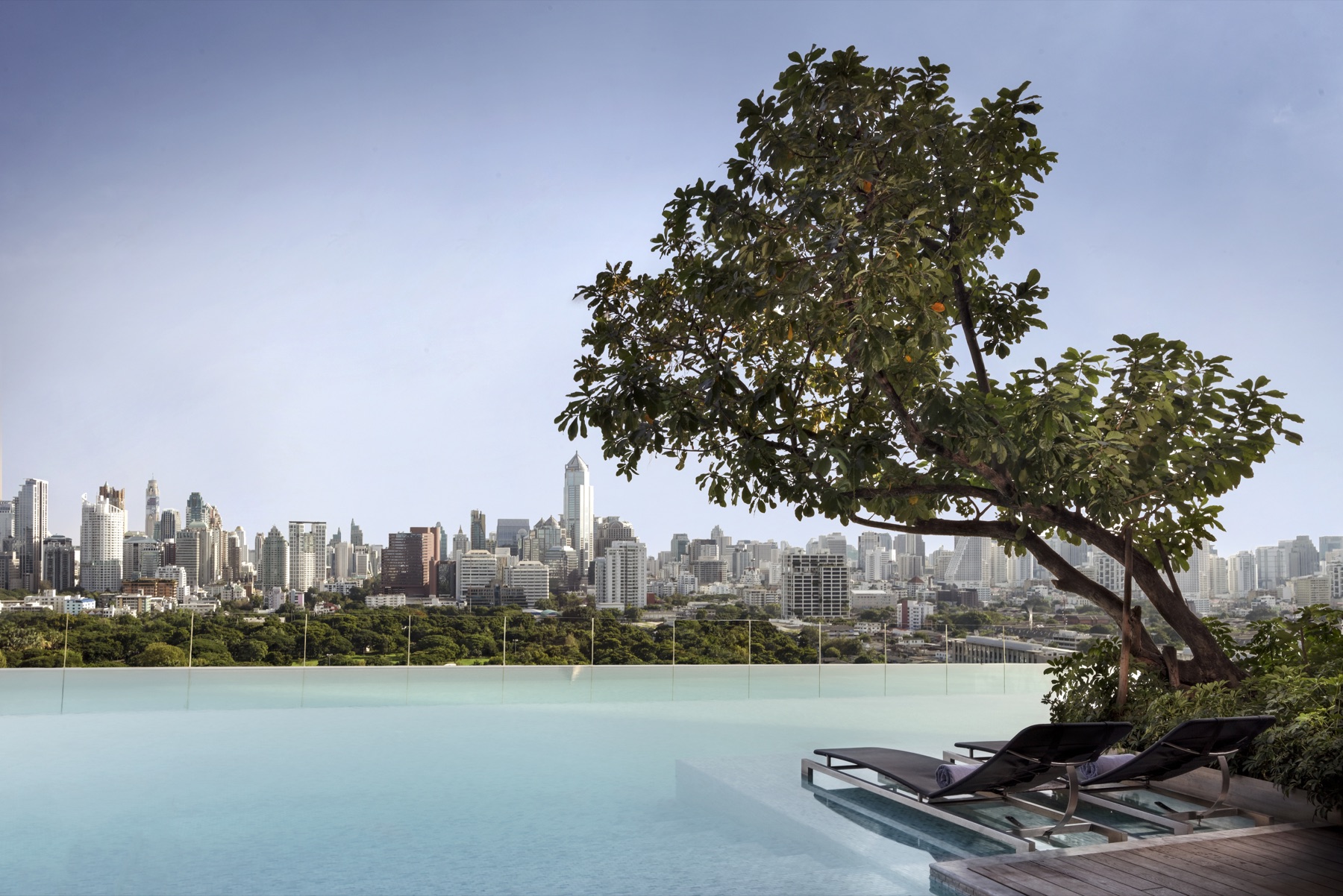 The SO/ Bangkok infinity pool facing Lumpini Park and the Bangkok skyline
